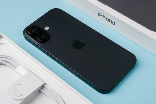 Antalya, Turkey - June 15, 2025: New iPhone 16 smartphone and iPhone 16 box
