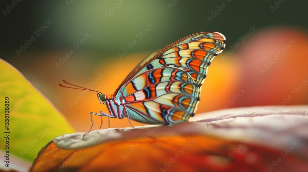 Poster a macro photograph of a butterfly resting on a leaf, with its colorful wings spread wide, emphasizin