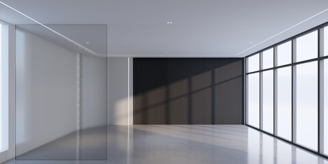 Futuristic Empty Room with Curved Glass Wall, Blank Advertising Space, 8K 3D Render