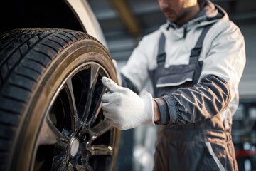 Fototapeta premium Close-up of a mechanic in uniform and gloves handling a brand new car tire with alloy wheel inside a service garage.