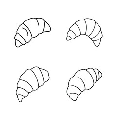 Simple black and white outline illustration of four croissants with different shapes and forms