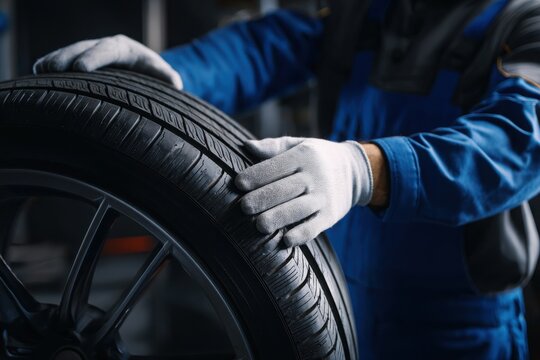 Close-up of a mechanic in uniform and gloves handling a brand new car tire with alloy wheel inside a service garage.