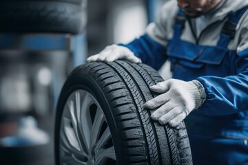 Close-up of a mechanic in uniform and gloves handling a brand new car tire with alloy wheel inside a service garage.