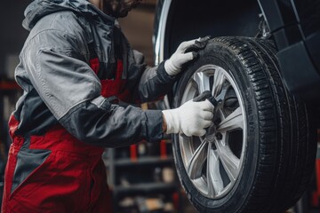 Fototapeta premium Close-up of a mechanic in uniform and gloves handling a brand new car tire with alloy wheel inside a service garage.