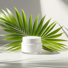 White Cream Jar and Palm Leaf, Natural Skincare Product Display