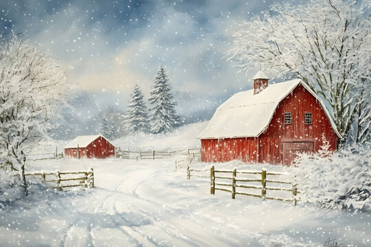 Red barn and small outbuilding in a snowy rural winter landscape.