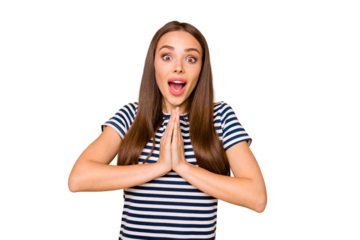 Portrait of impressed lady screaming shouting wearing striped t-shirt isolated over yellow background