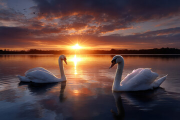 Naklejka premium Swans glide on tranquil lake at sunset with stunning colors
