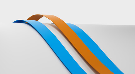 Blue and Orange ribbons draped over a smooth, curved surface. 3D Illustration.