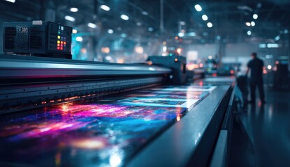 Industrial large-format printing in action. Colorful prints are being processed on a wide-format printer in a modern factory setting