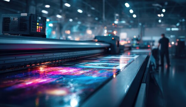 Industrial large-format printing in action. Colorful prints are being processed on a wide-format printer in a modern factory setting
