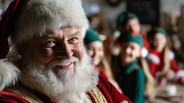 Close up of Santa Claus smiling and looking at the camera with elves in the background. Christmas scene in a Christmas village hall.