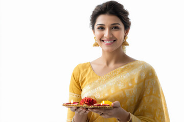 young woman holding puja thali