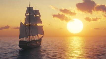 Obraz premium A majestic large ship sailing across the vast ocean, with the sun setting in the background, casting a warm golden glow over the water and vessel.