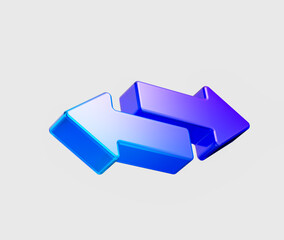 Two shiny 3D arrows in purple and blue, pointing left and right. 3D Illustration.