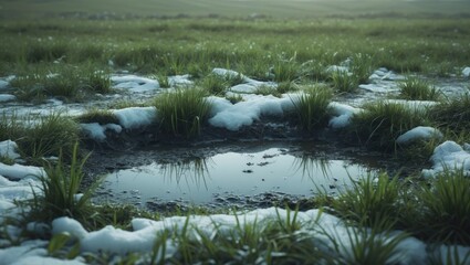 A thawed patch in the snow with green grass, spring scenery