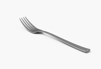 A sleek stainless steel fork with a reflective finish and a slightly curved handle. 3D Illustration