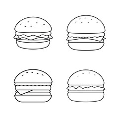 Collection of minimalistic outline illustrations of delicious hamburger variations on white background