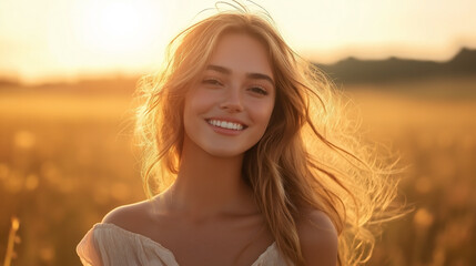 Radiant Young Woman Smiling in a Golden Field at Sunset