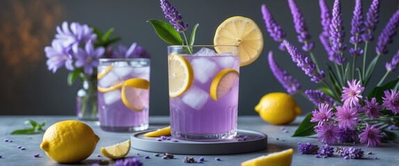 Glass of cold lavender lemonade with lemons and flowers on grey table, featuring empty space for text.