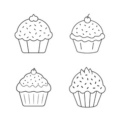 Simple black and white line art illustrations of four different cupcakes