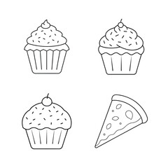 Line art illustration of cupcakes and a pizza slice isolated on a white background