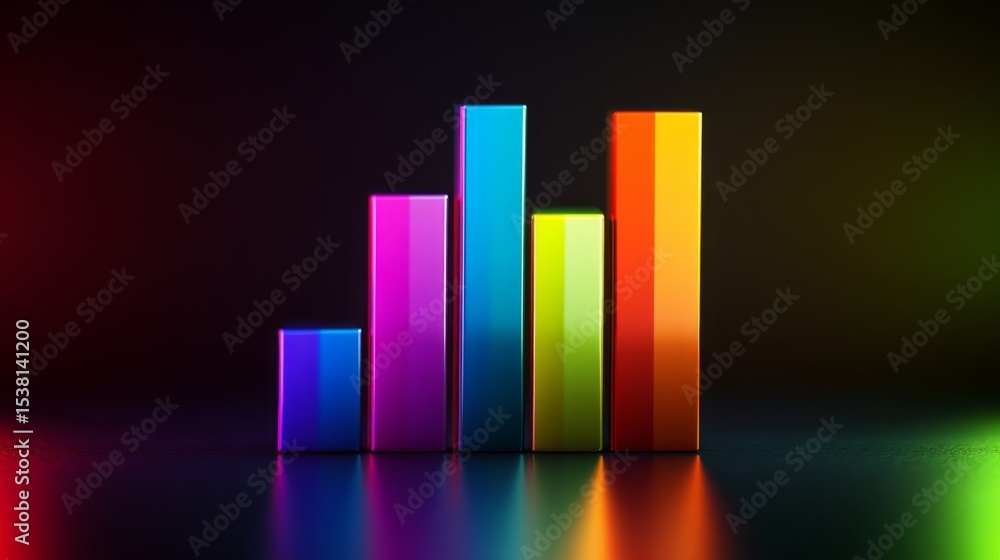 Poster a modern d bar graph in vibrant colors on a dark gradient background, with reflections and shadows e