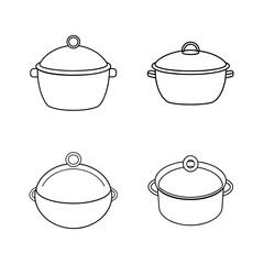 Four outline illustrations of cookware pots and pans with lids in different shapes