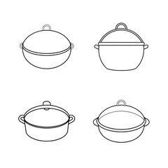 Four vector illustrations of cooking pots with lids in a simple minimalistic outline style