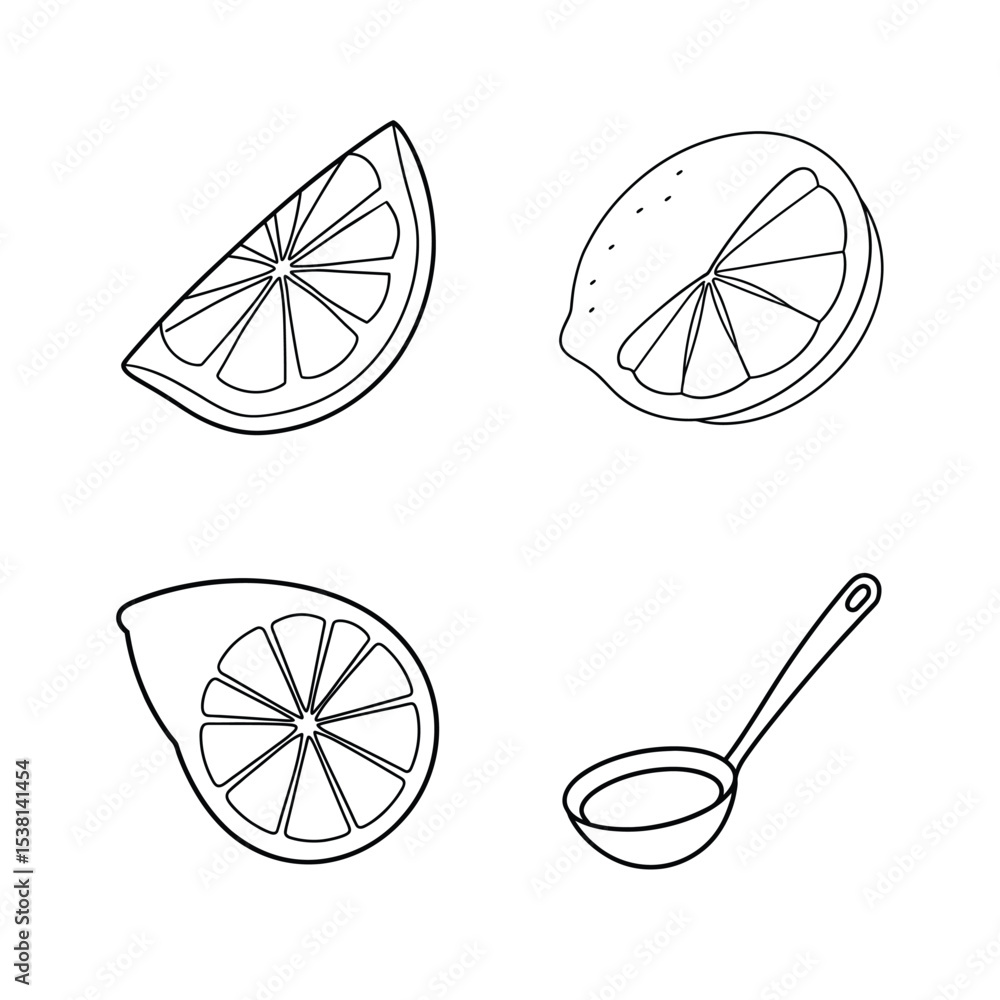 Poster simple outline illustrations of lemons in different forms with a basic ladle for design elements