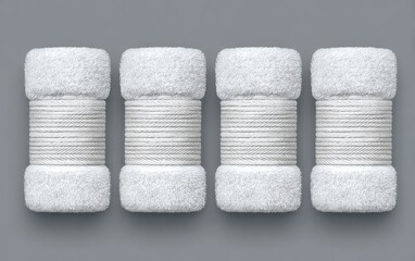 Four neatly rolled white towels, tightly bound with a thin band, are arranged in a row against a neutral gray background