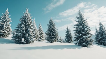 Naklejka premium Snowy pine trees on a hillside