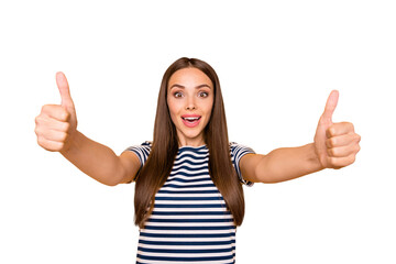Close up photo of amazing lady holding thumbs raised up wear striped t-shirt isolated yellow...