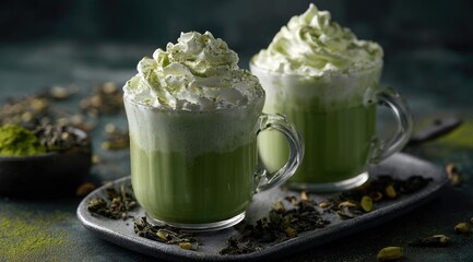 Two glasses of vibrant green matcha lattes, topped with fluffy whipped cream, rest on a dark tray alongside loose tea leaves and a small bowl of matcha powder. 
