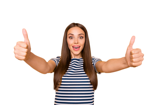 Close up photo of amazing lady holding thumbs raised up wear striped t-shirt isolated yellow background