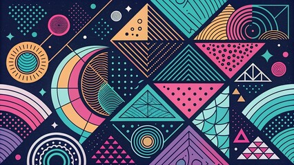 Colorful abstract geometric pattern with concentric circles, triangles, and squares on dark background. Retro pop art style, ideal for posters, backgrounds, and digital design.