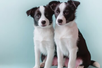 Obraz premium Two Playful Black Coated Border Collie Puppies Posing for Studio Photography Against Blue Backdrop