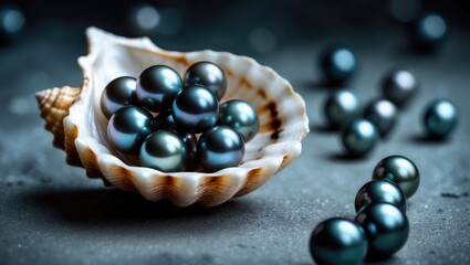Black Pearls Within A Seashell. Featuring Blank Space For Text