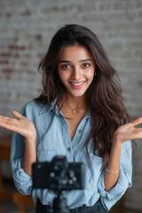 indian looking, phone tripod, hands up, happy, fun teenage girls making video using mobile phone