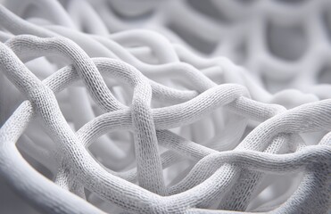 Close-up of white knitted e-ink sports jersey fabric with intricate weave and soft texture, showcasing delicate interwoven threads and complex patterns under subtle lighting