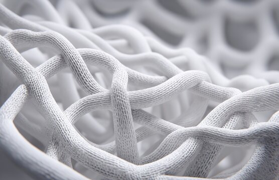 Close-up of white knitted e-ink sports jersey fabric with intricate weave and soft texture, showcasing delicate interwoven threads and complex patterns under subtle lighting