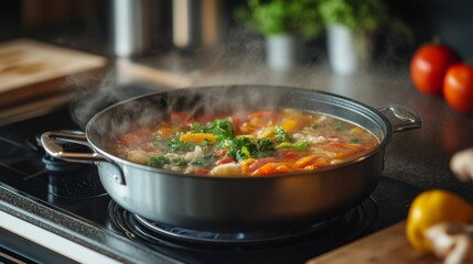 A modern kitchen setting with a high-quality hot pot on a portable stove, filled with rich broth and an assortment of ingredients, ready to be served.