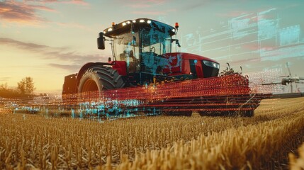 Modern agricultural tractor with overlayed digital data in a golden field at sunrise.