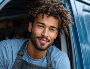 A smiling young man with curly hair and an apron stands in the open door of his blue van. He is happy to be opening up another small business.