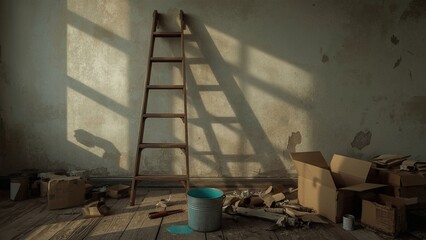 Ladder and bucket of paint in old building apartment during renovation after moving (3D Rendering)