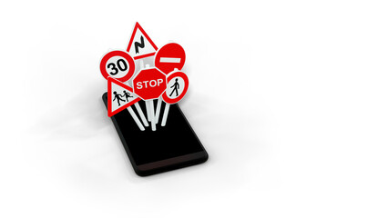 des panneaux routiers sortent de l'écran d'un smartphone, concept de code de la route en ligne - rendu 3D sur fond transparent