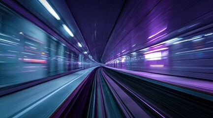 A dynamic perspective of a high-speed train moving through a neon-lit tunnel, showcasing blurred motion and vibrant colors