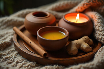 Fototapeta premium Ayurvedic self-care setup for Vata balance featuring warm sesame oil, ginger tea, burning cinnamon candle, sandalwood stick, clay pot on wooden tray, soft wool blanket, cozy earthy tones.