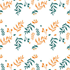 Seamless vector pattern featuring soft pastel orange flowers and gentle green leaves, arranged separately. Perfect for fabric, book cover, packaging, wallpaper, and stationery design