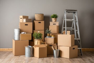 Cardboard boxes, potted plants, and moving supplies are stacked against a grey wall, with a stepladder to the right.  The scene depicts preparation for a move or home organization